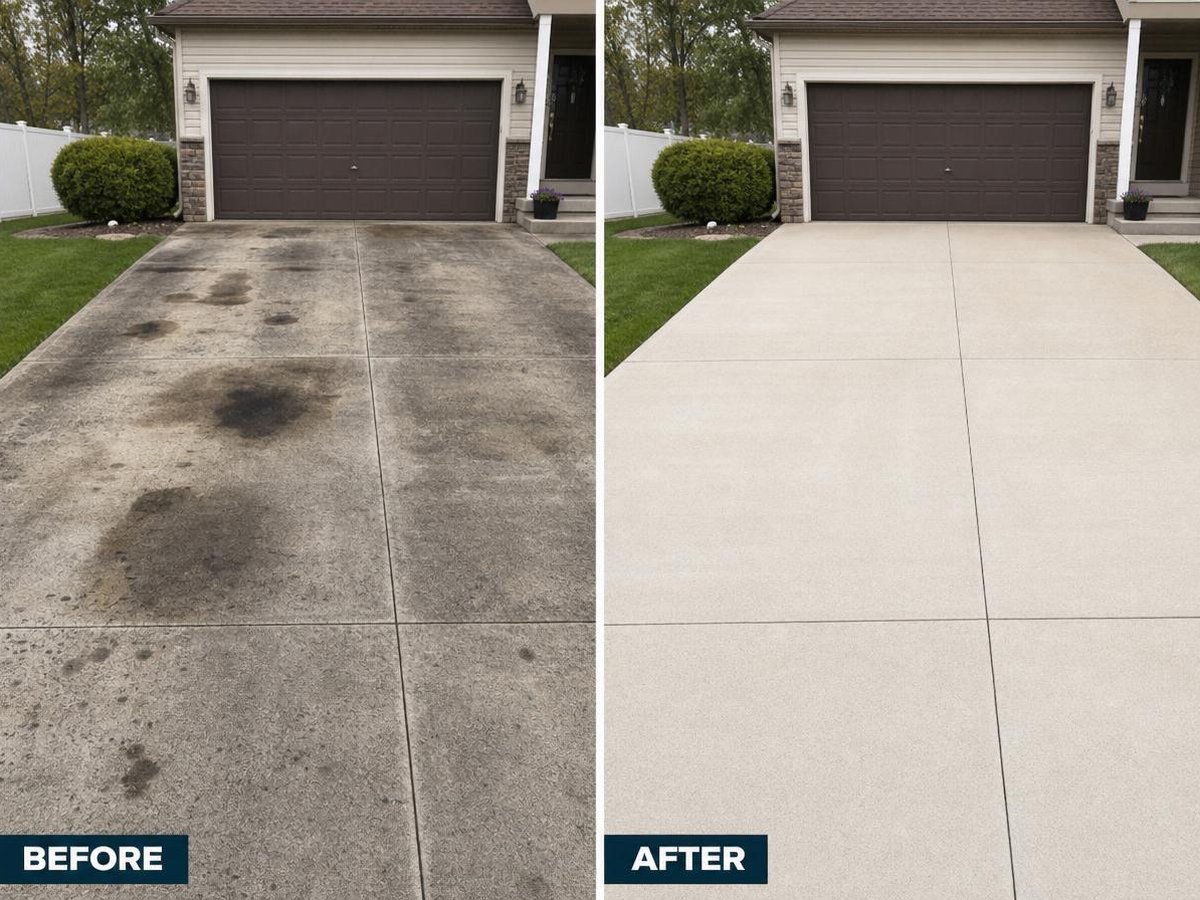 Before and after driveway pressure washing removing oil stains
