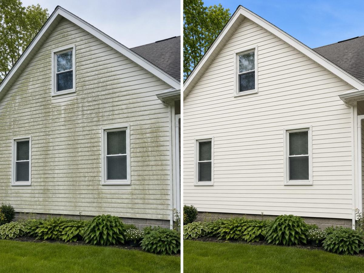 Before and after house siding soft wash removing algae and mildew