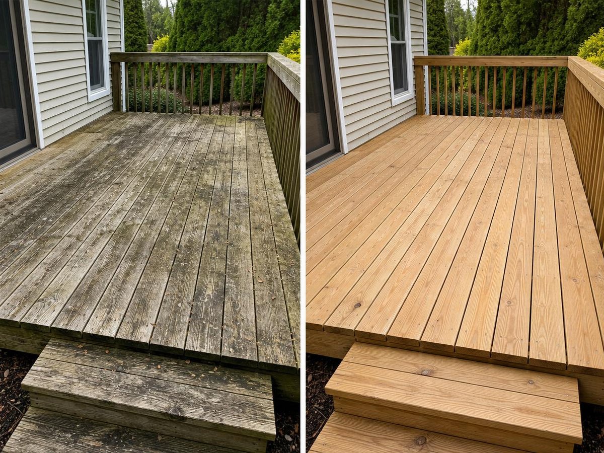 Before and after wooden deck cleaning and restoration