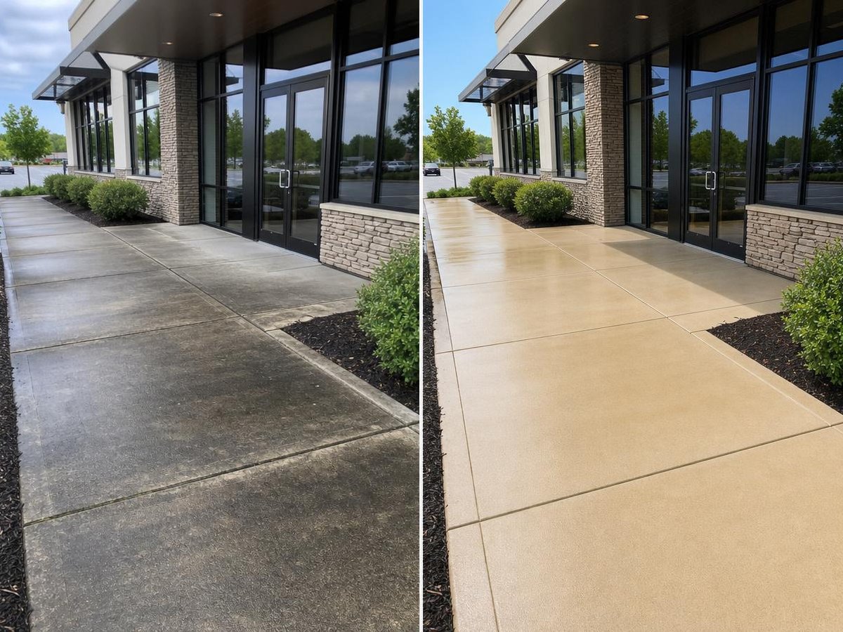 Before and after commercial storefront walkway pressure washing