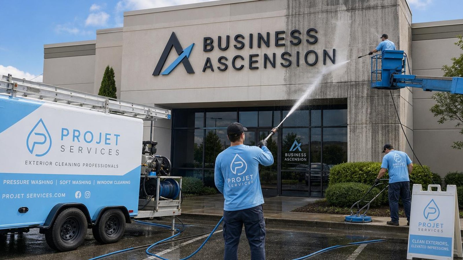 Pressure washing crew cleaning a commercial building exterior